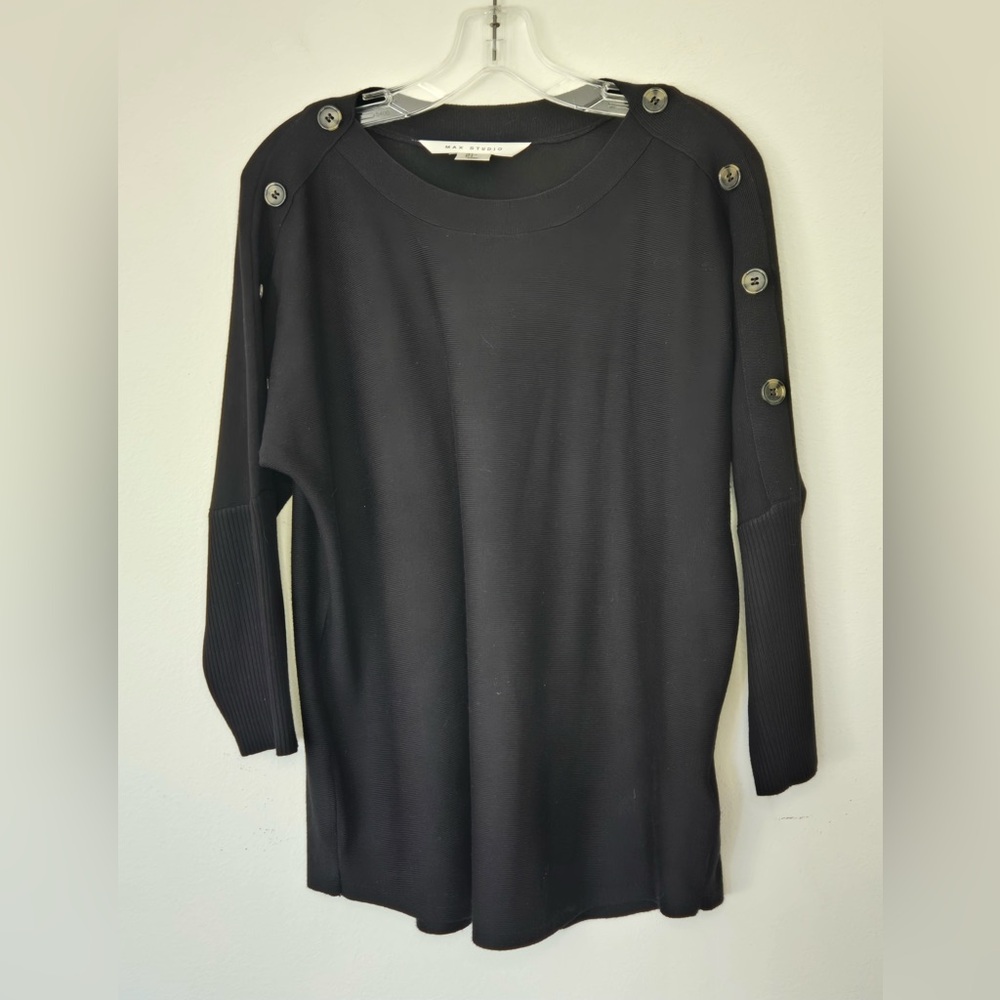Max Studio Black Button Shoulder Sweater Tunic Top Size Large